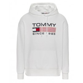 Tommy Jeans Tjm Reg Athletic Logo Hoodie Felpa Capp Bianca Stampa Uomo - Giuglar