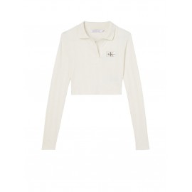 Calvin Klein Jeans Badge Polo Collar Long Sleeves Costina Crop Avorio Donna - Giuglar Shop