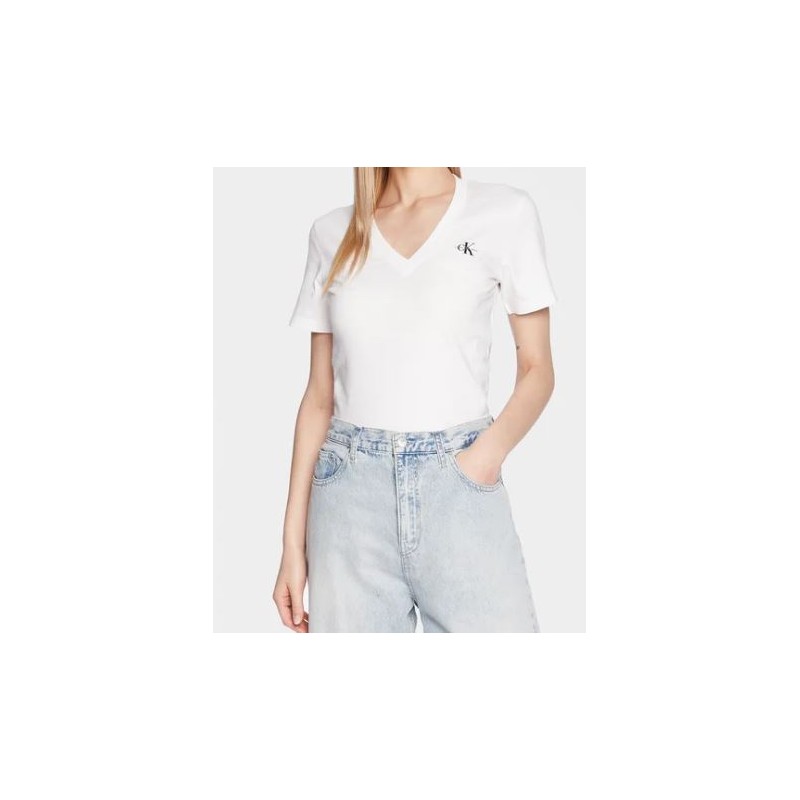 Calvin Klein Jeans Micro Monologo Slim V-Neck T-Shirt Scollo V Bianca Donna  | Giuglar