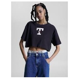 Tommy Jeans Tjw Ovr Crop Letterm Flag Desert Sky T-Shirt M/M Cort Blu Donna - Giuglar Shop