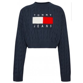 Tommy Jeans Tjw Bxy Center Flag Sweater Maglia Trecce Logo Blu Donna - Giuglar