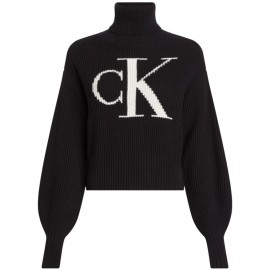 Calvin Klein Jeans Blown Up Ck Loose Sweater Dolcevita Big Logo Nera Donna - Giuglar