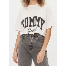 Tommy Jeans Tjw Over Crop New Varsity Ss T-Shirt Panna Stampa Donna - Giuglar