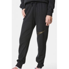 Nike W Nsw Club Flc Shine Mr Pant Black Pantalone Nero Logo Oro Donna - Giuglar